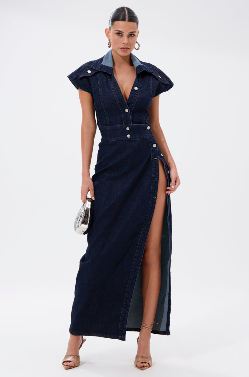 CHELSEA BUTTON SIDE DENIM MAXI DRESS