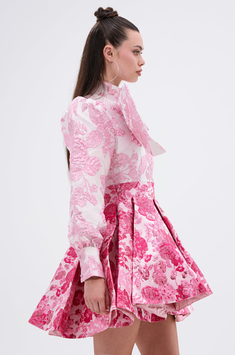 RENAISSANCE TWO-TONE BROCADE MINI DRESS IN PINK