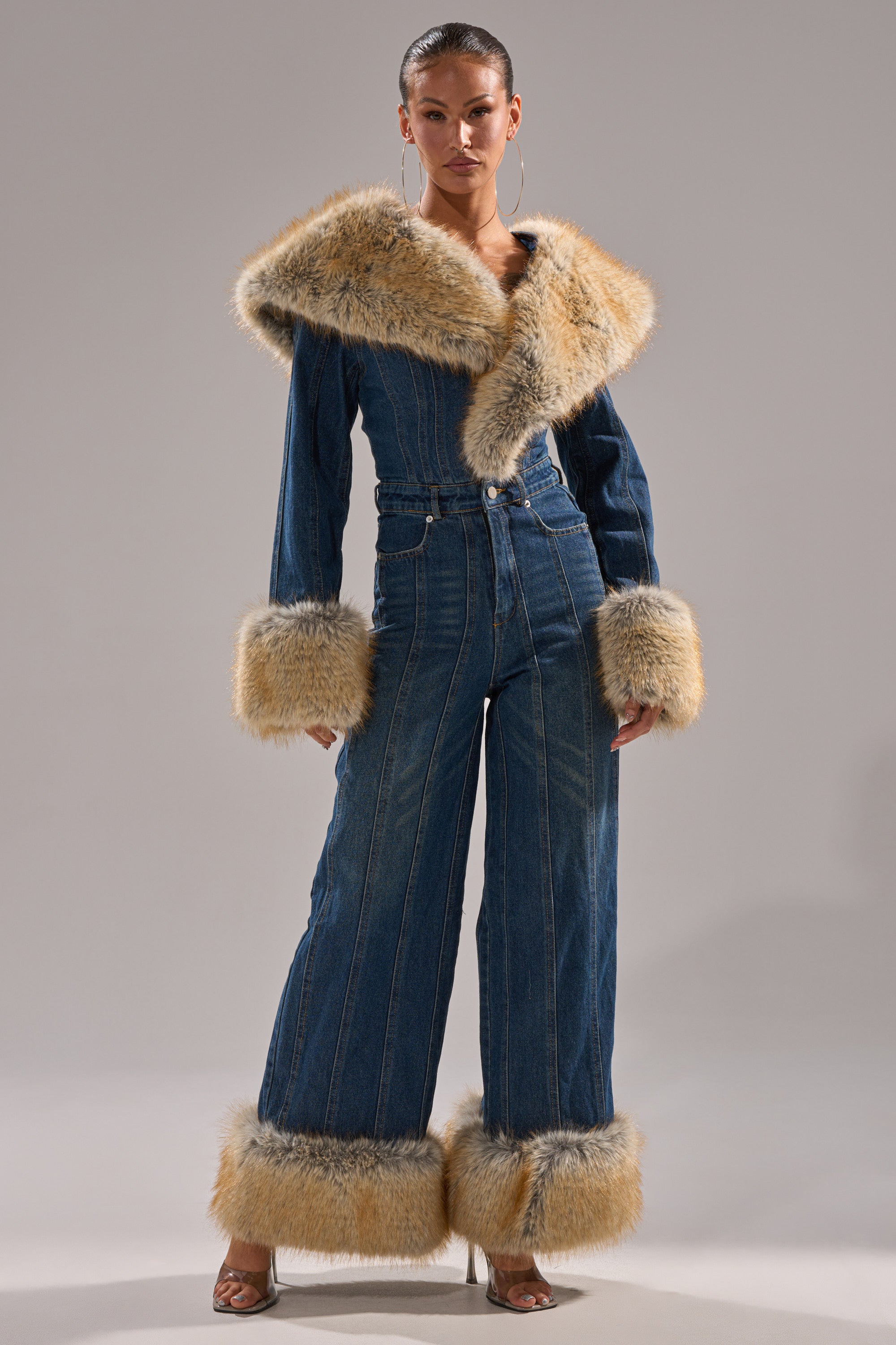 LENNOX DENIM JUMPSUIT WITH FUR ACCENTS