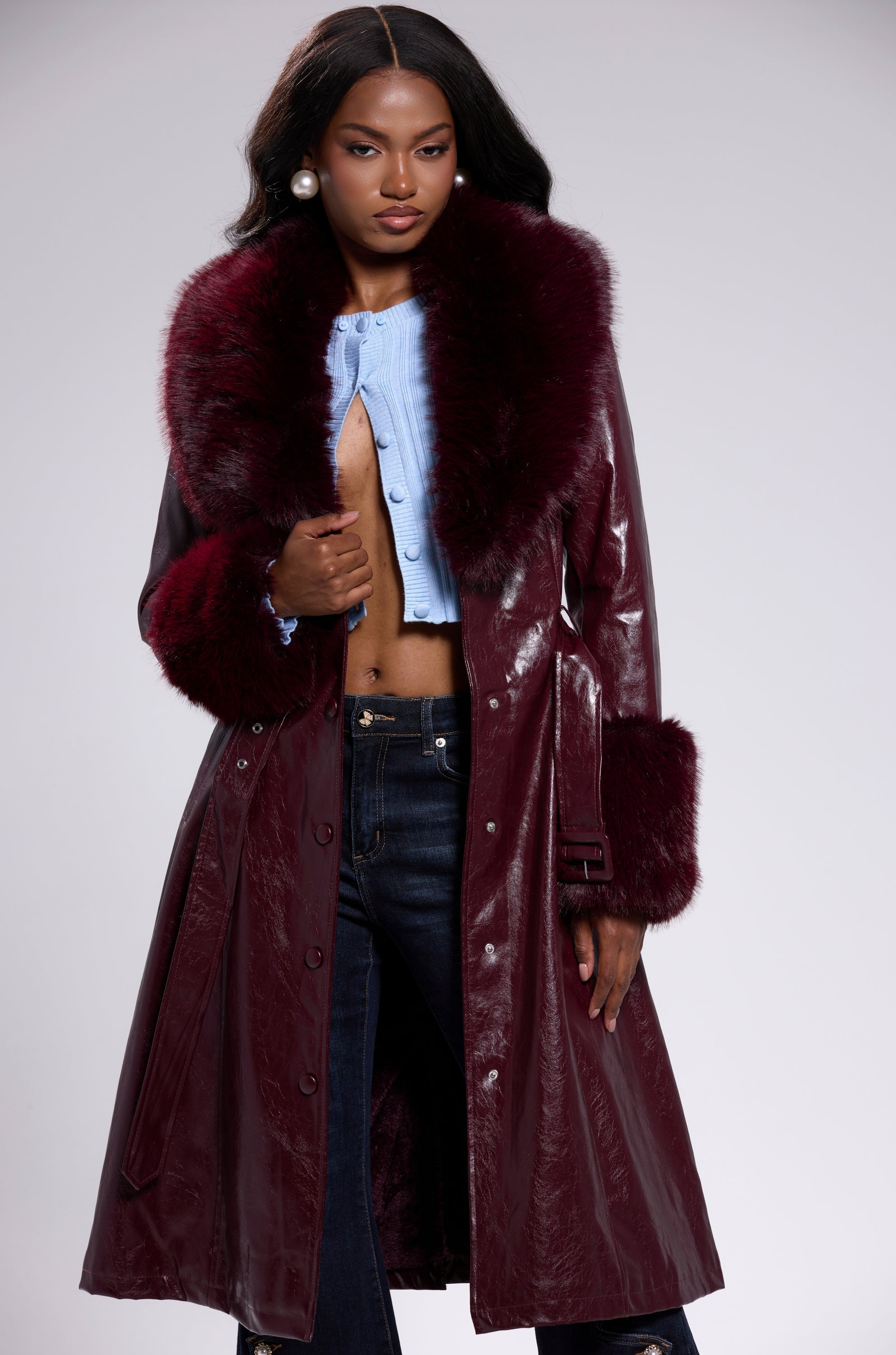 KAYA FUR TRIM TRENCH IN BURGUNDY