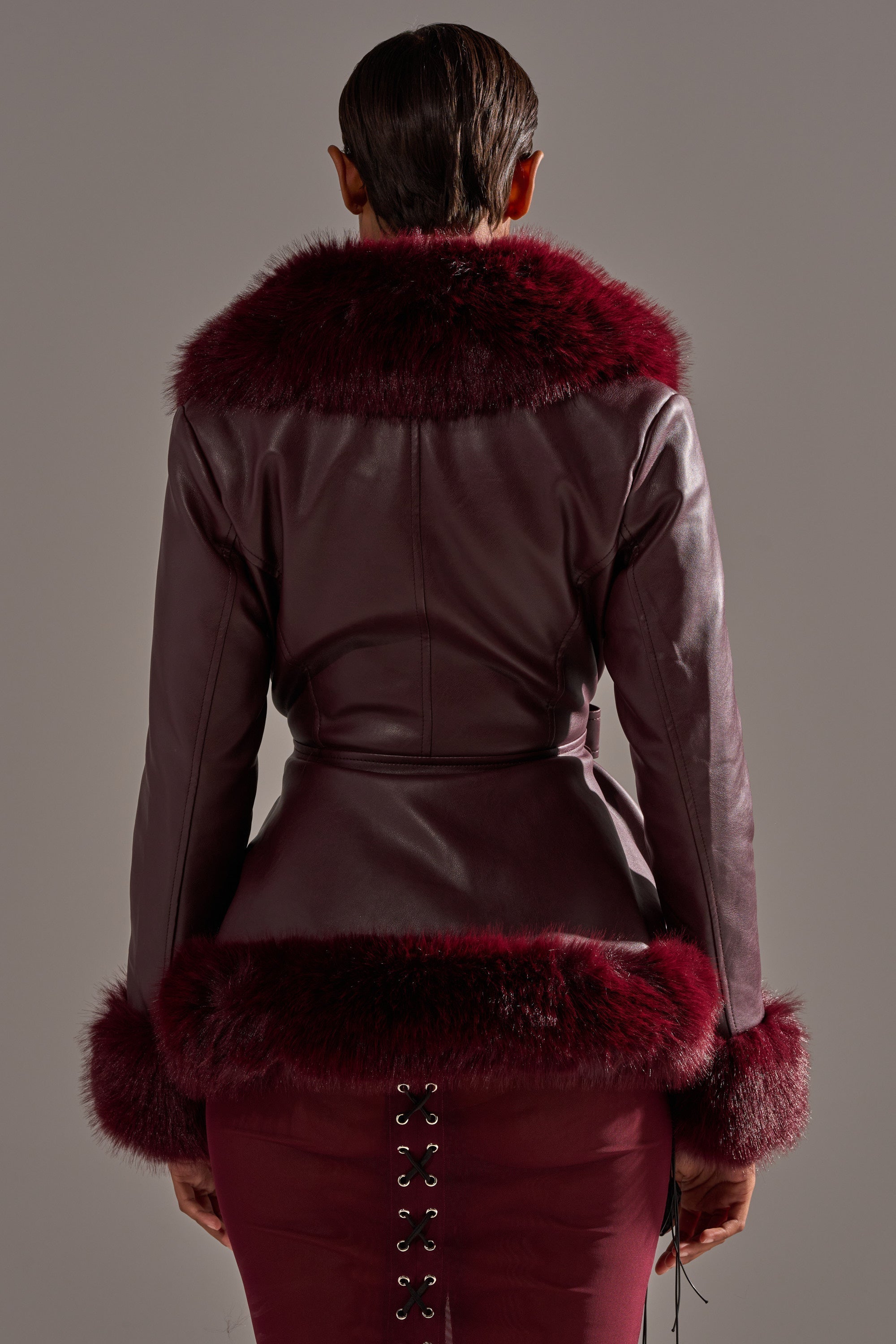 KENZY FUR TRIM MOTO IN BURGUNDY