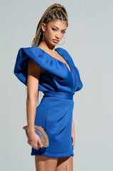 IRREPLACEABLE RUFFLE SLEEVE TULIP HEM MINI DRESS IN BLUE