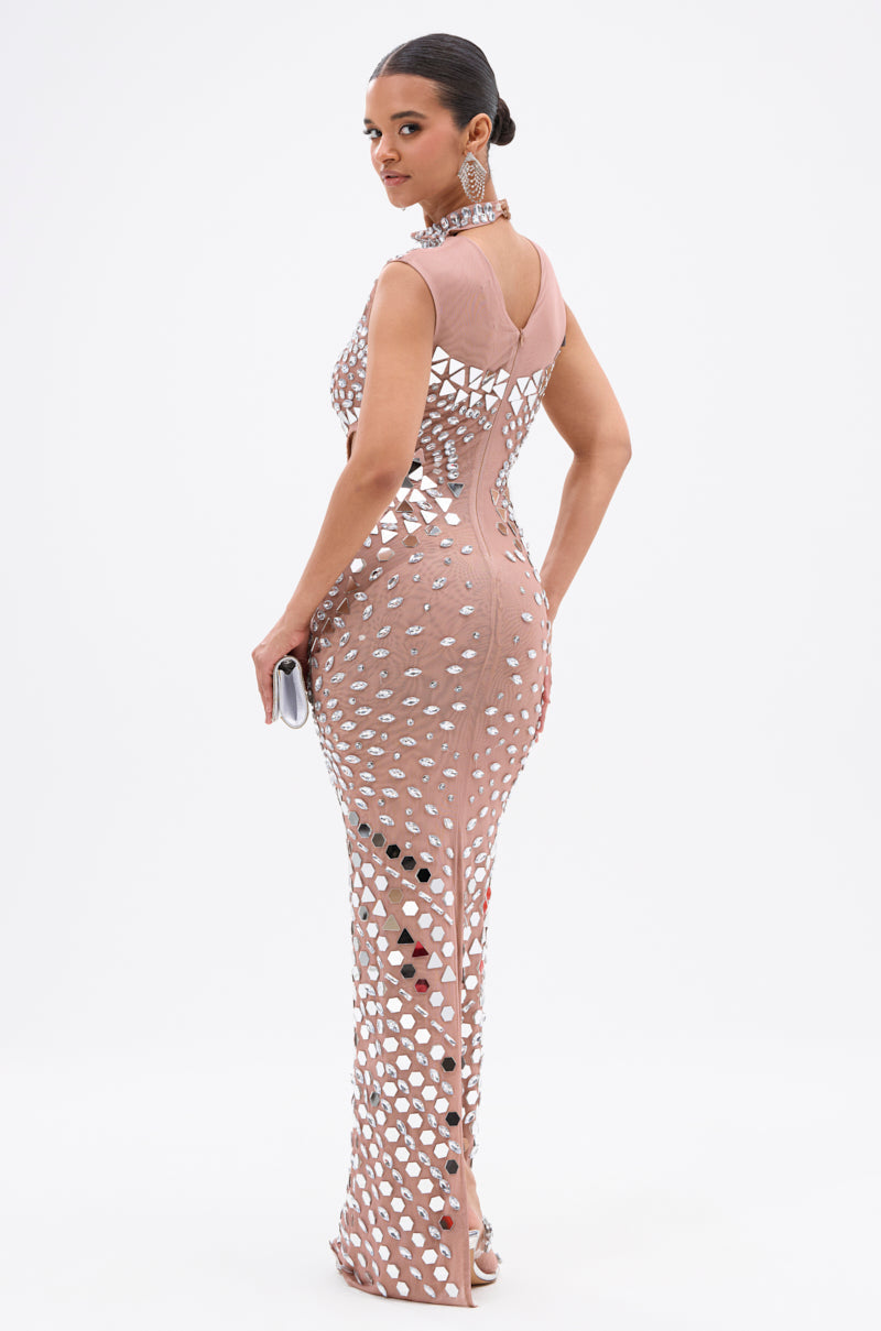 QUEEN OF EVERYTHING MIRRORED MAXI DRESS IN SILVER