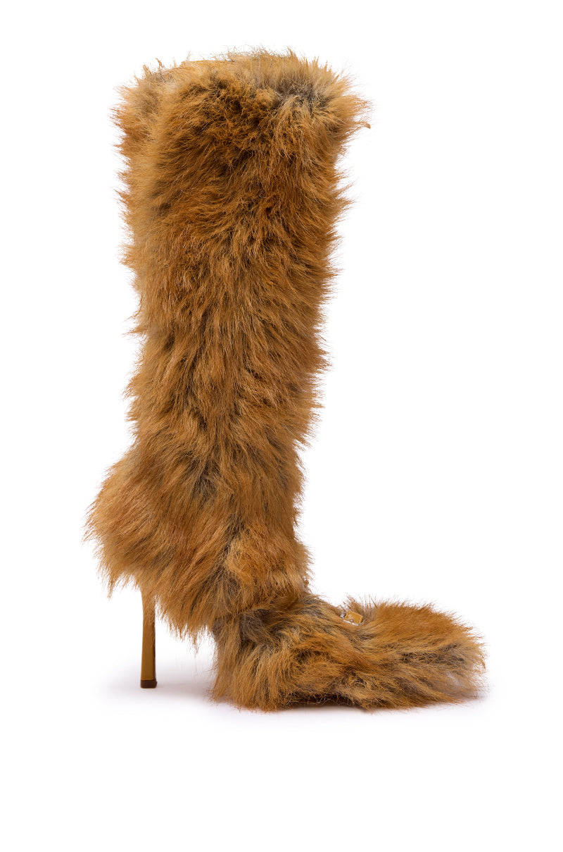 AZALEA WANG LOURDANNE TAN FUR LACE UP STILETTO BOOT