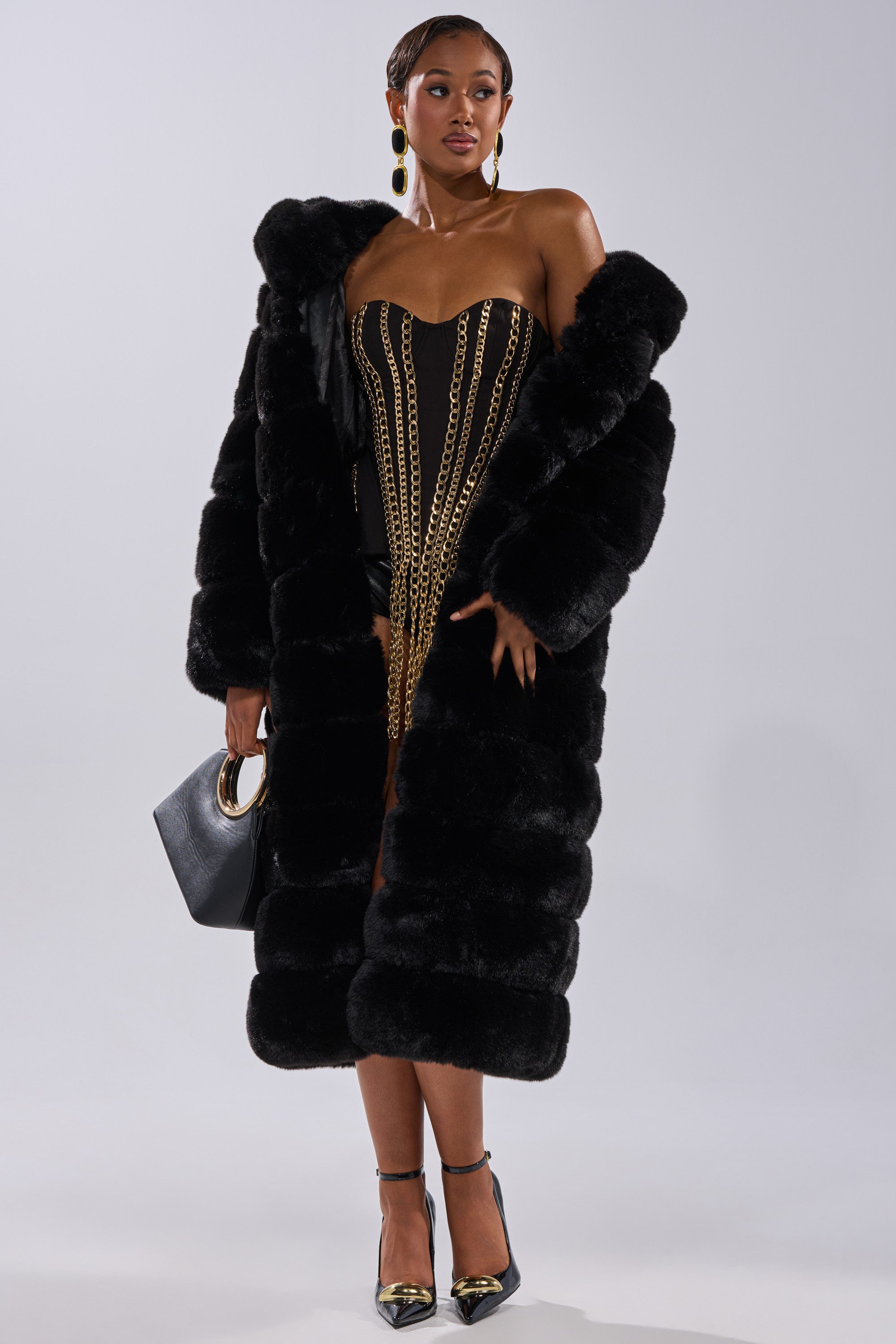 FAUX FUR PANEL HOODED TRENCH IN BLACK
