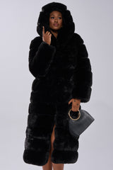 FAUX FUR PANEL HOODED TRENCH IN BLACK