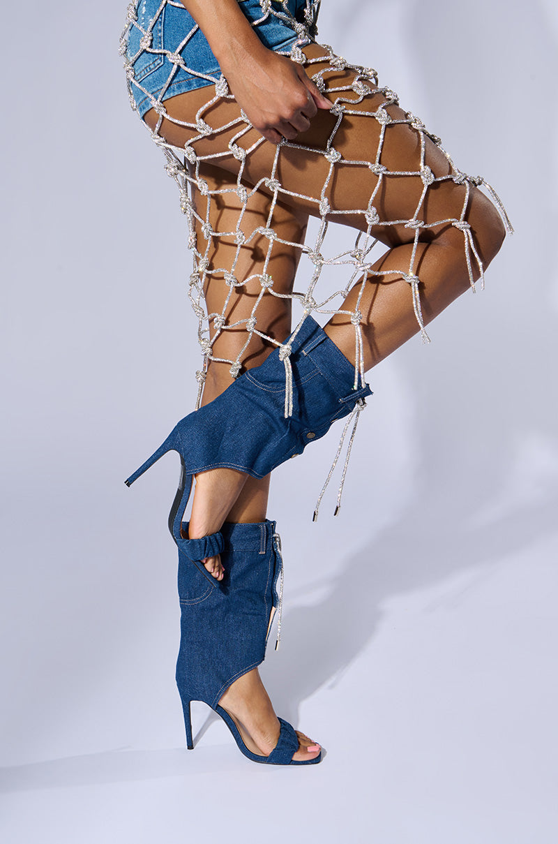 AZALEA WANG MYKEL DENIM GLADIATOR SANDAL WITH RHINESTONE LACE