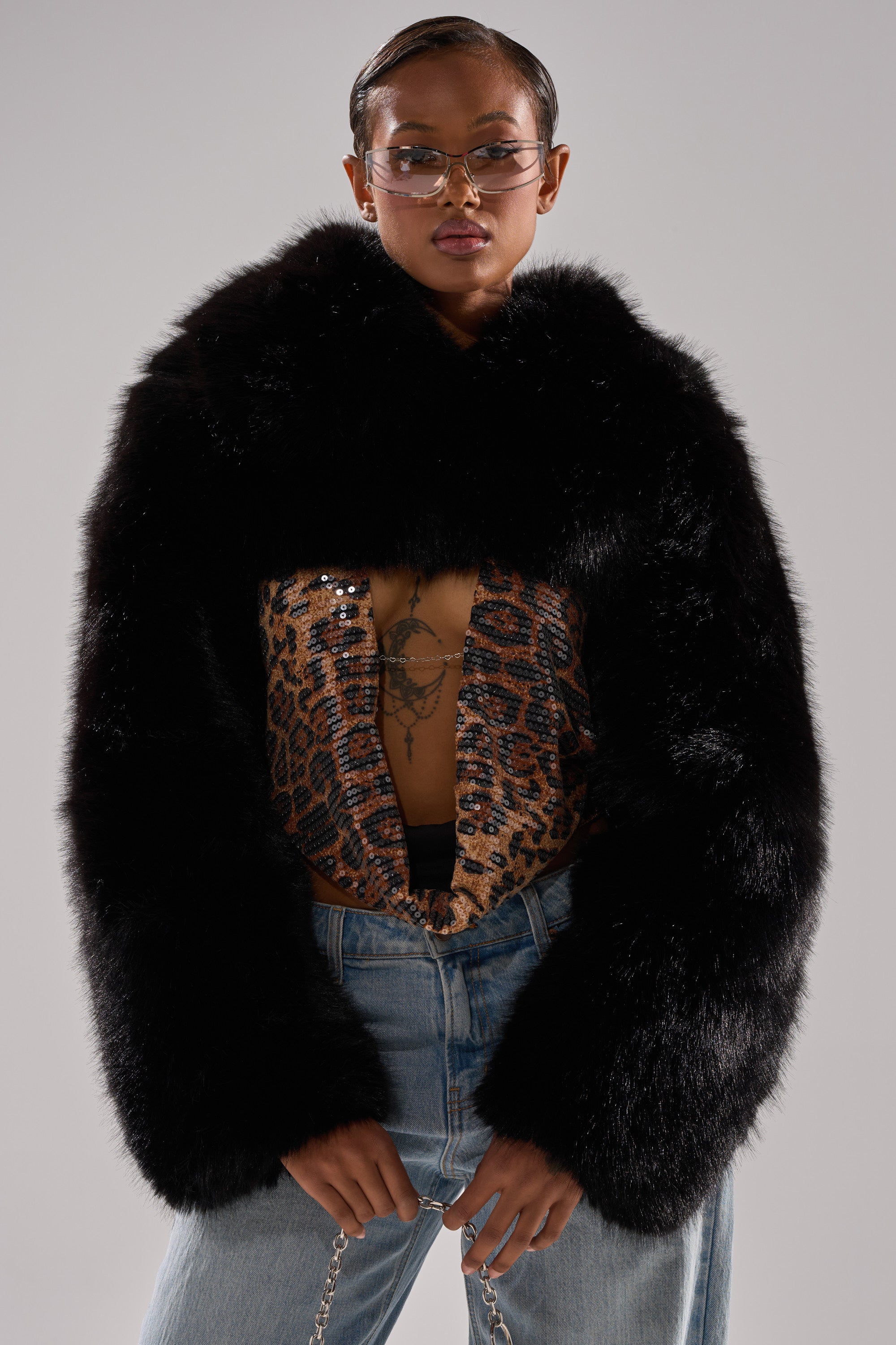 LEILA ULTRA CROP FAUX FUR IN BLACK