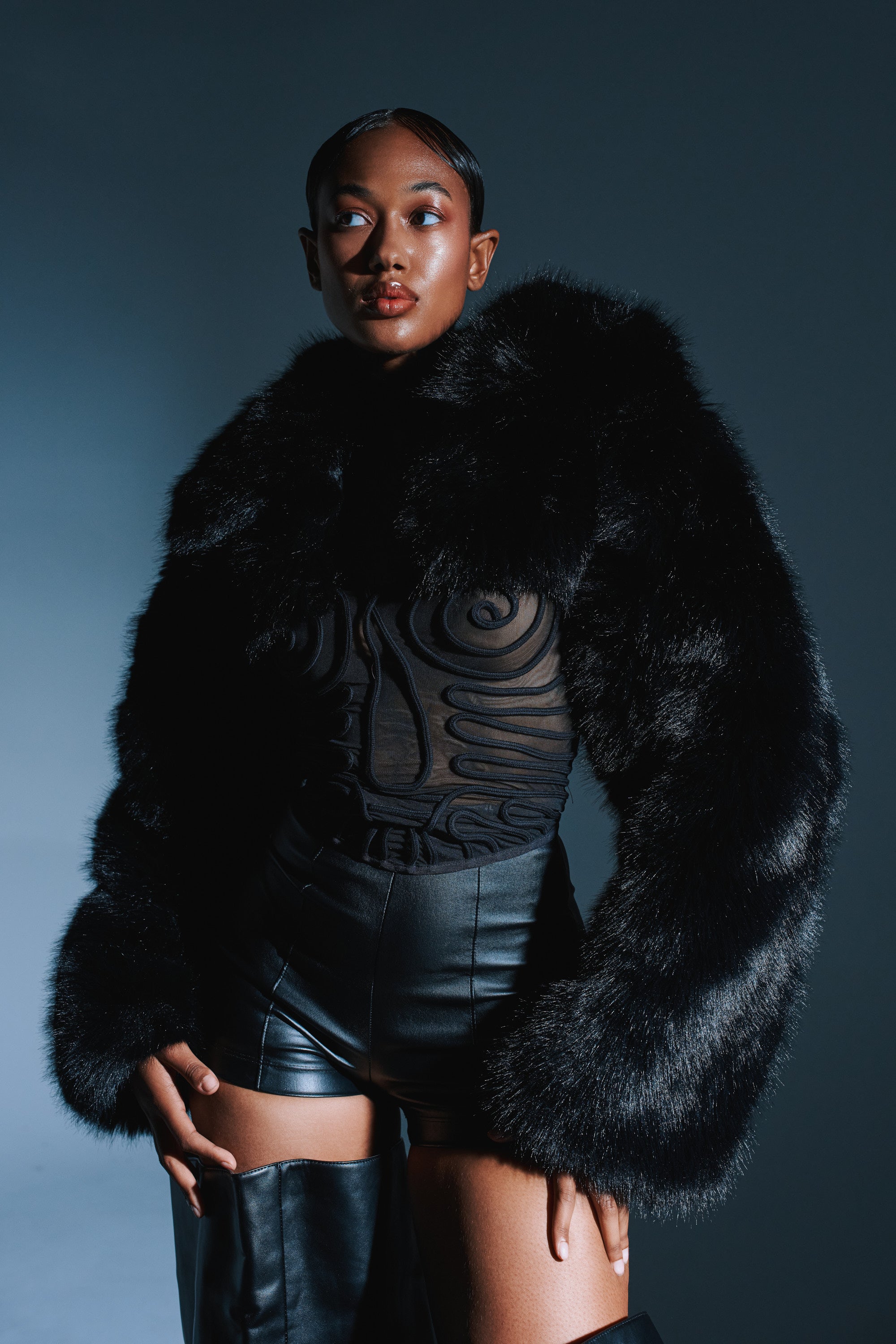 LEILA ULTRA CROP FAUX FUR IN BLACK
