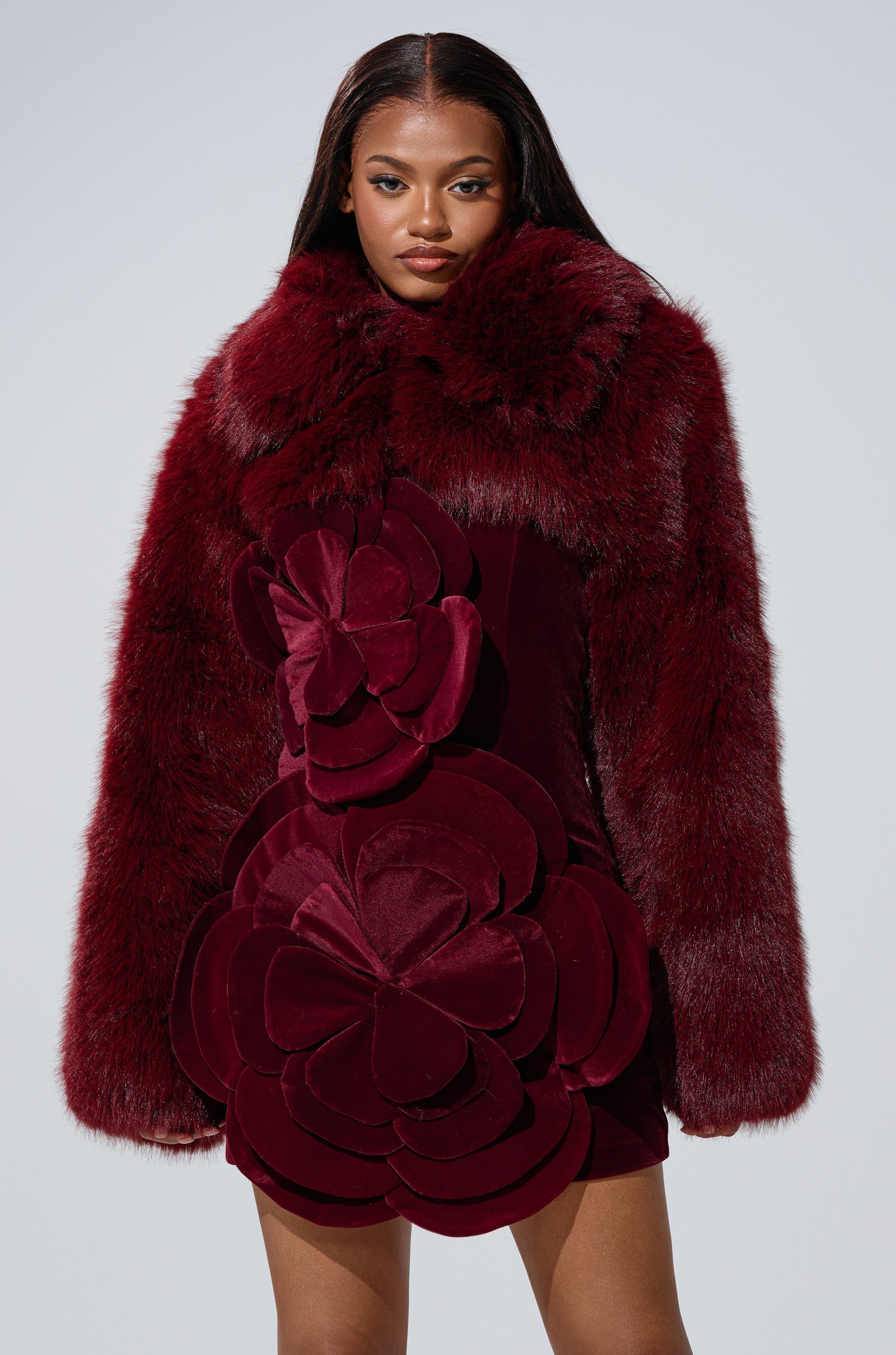 LEILA ULTRA CROP FAUX FUR IN BURGUNDY