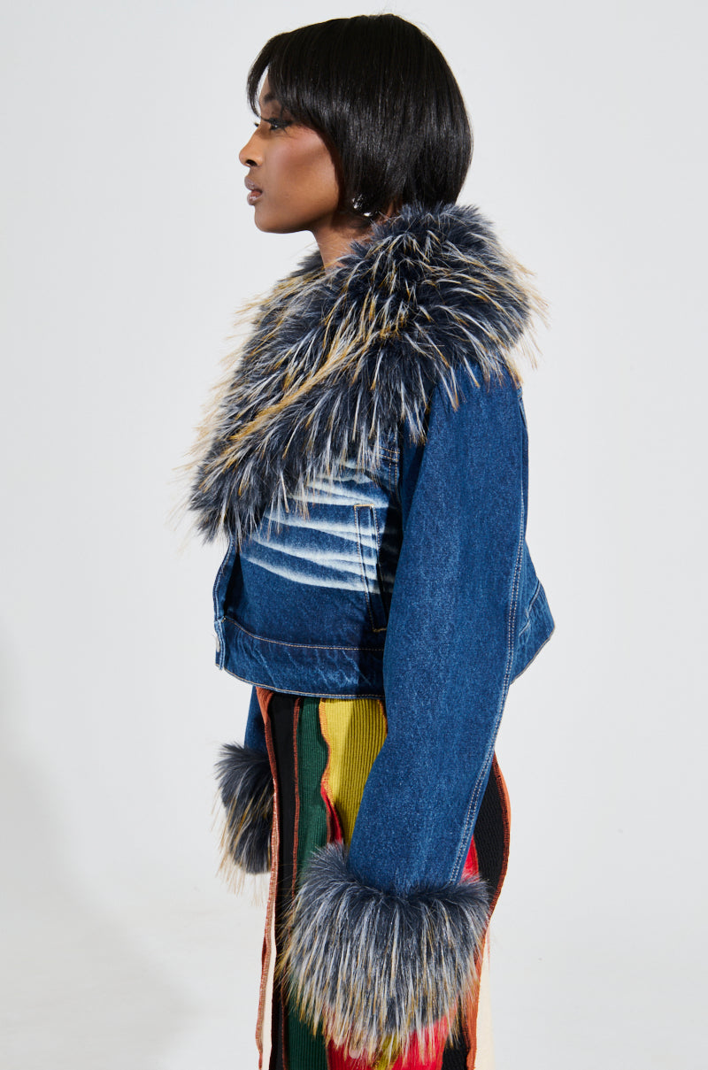 AD ASTRA FUR TRIM JACKET IN DARK BLUE DENIM