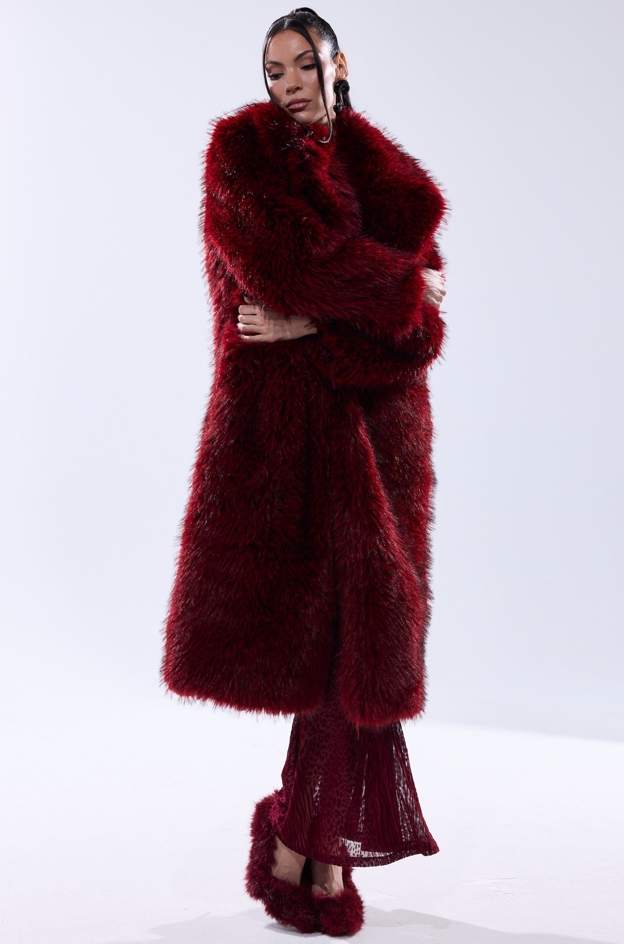 OSLO FAUX FUR COAT IN RED MULTI