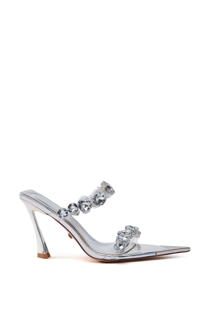 AZALEA WANG PAOLINA SILVER RHINESTONE CHUNKY HEEL SANDAL