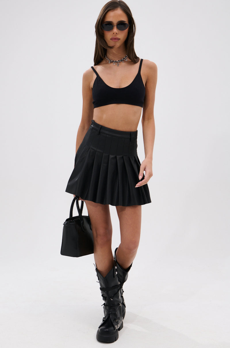 RIO PLEATED FAUX LEATHER MINI SKIRT WITH 4 WAY STRETCH