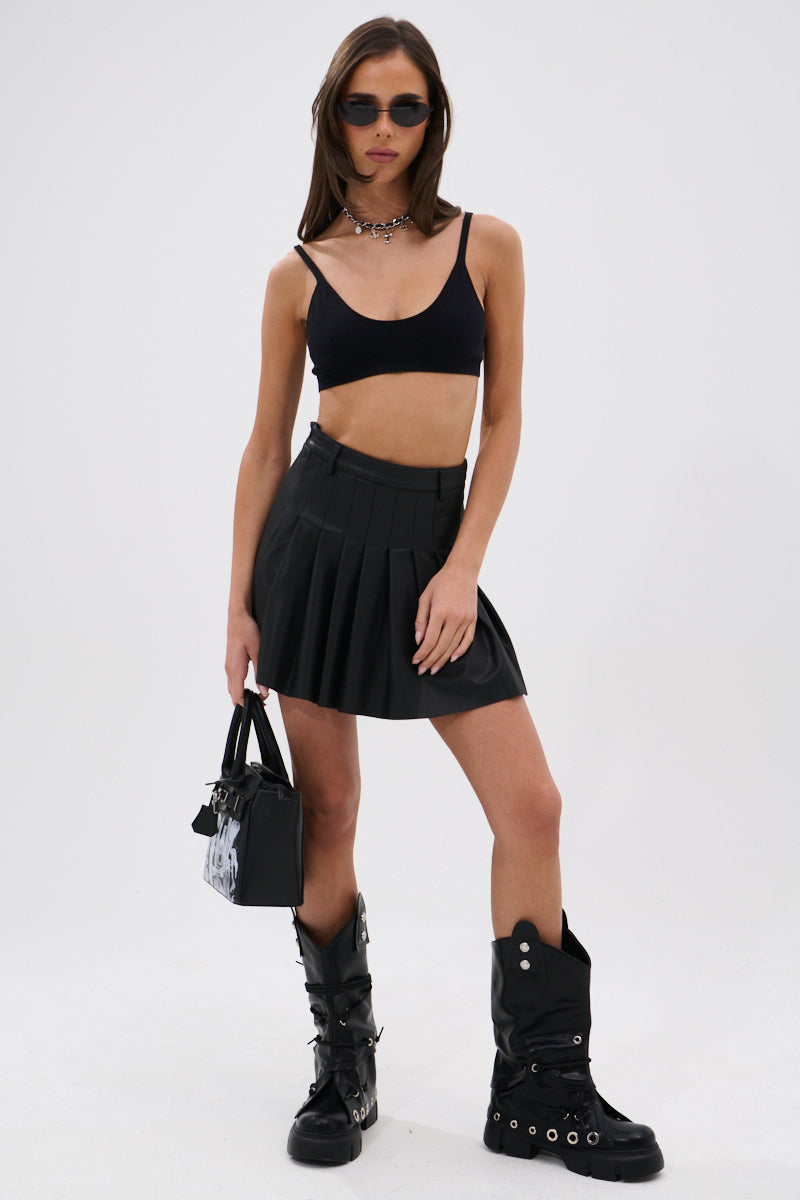 RIO PLEATED FAUX LEATHER MINI SKIRT WITH 4 WAY STRETCH