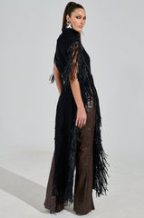 CHEYENNE FAUX BLACK LEATHER FRINGE BELTED SWEATER