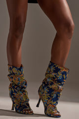 AZALEA ROZSI BLUE MULTI BROCADE OPEN TOE STILETTO BOOTIE