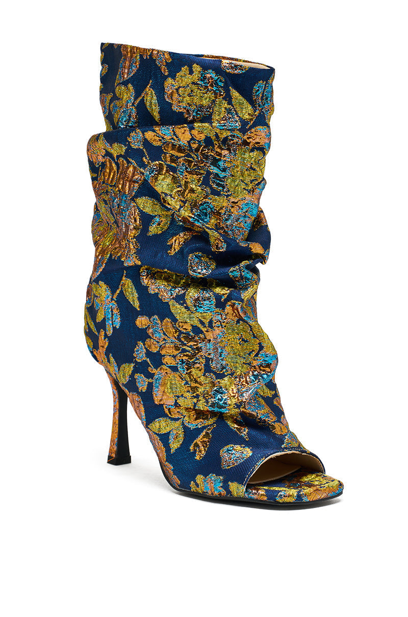 AZALEA ROZSI BLUE MULTI BROCADE OPEN TOE STILETTO BOOTIE