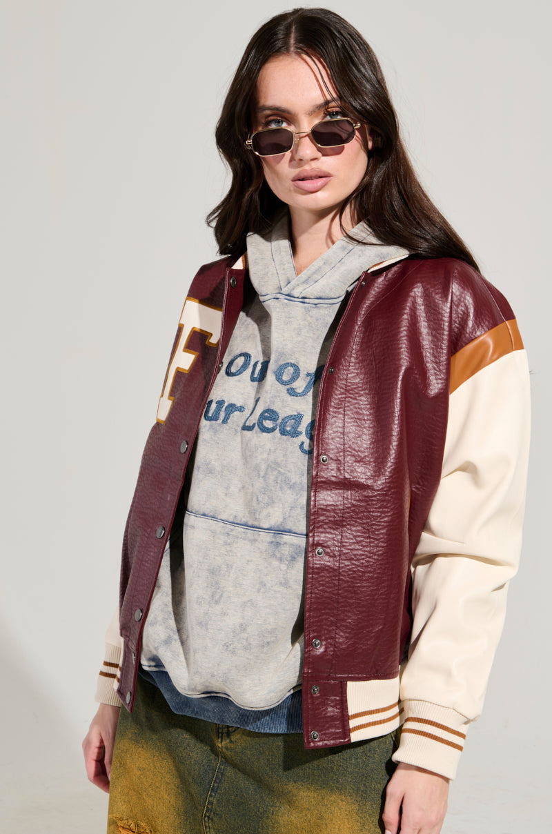 ROCKIT FAUX LEATHER VARSITY BOMBER