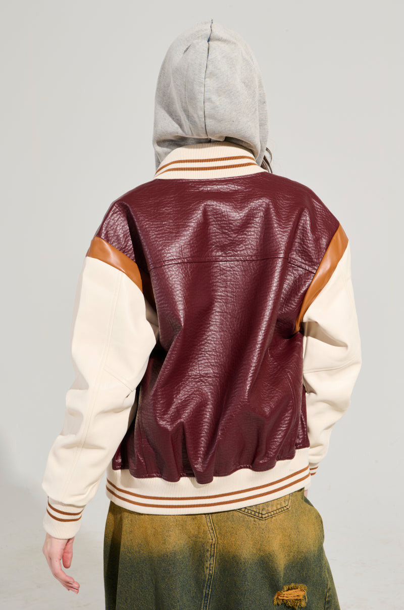 ROCKIT FAUX LEATHER VARSITY BOMBER