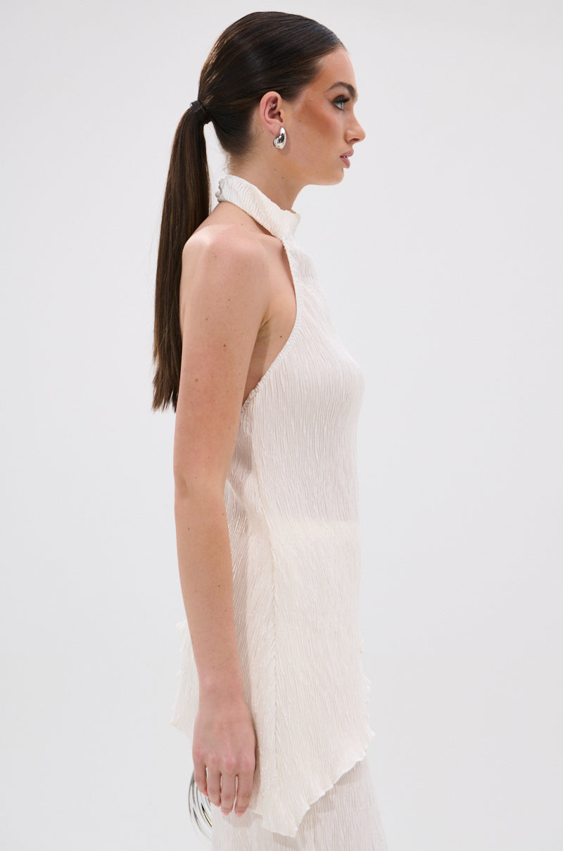 OLIVIA PLISSE HALTER NECK ASYMMETRICAL TOP IN WHITE