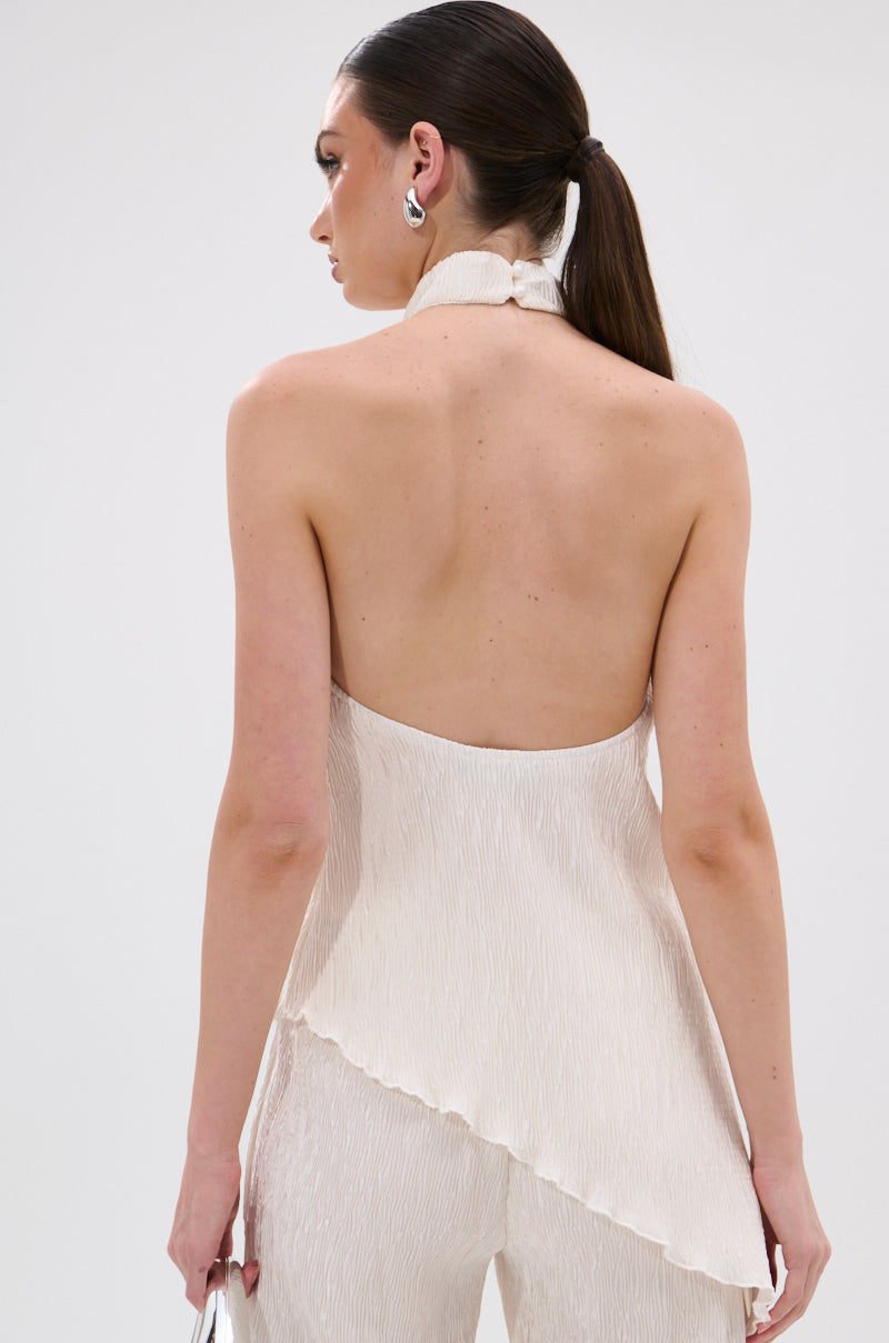 OLIVIA PLISSE HALTER NECK ASYMMETRICAL TOP IN WHITE