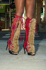 AZALEA WANG SHAINE BLACK MULTI GLADIATOR STITCH AND FUR SANDAL