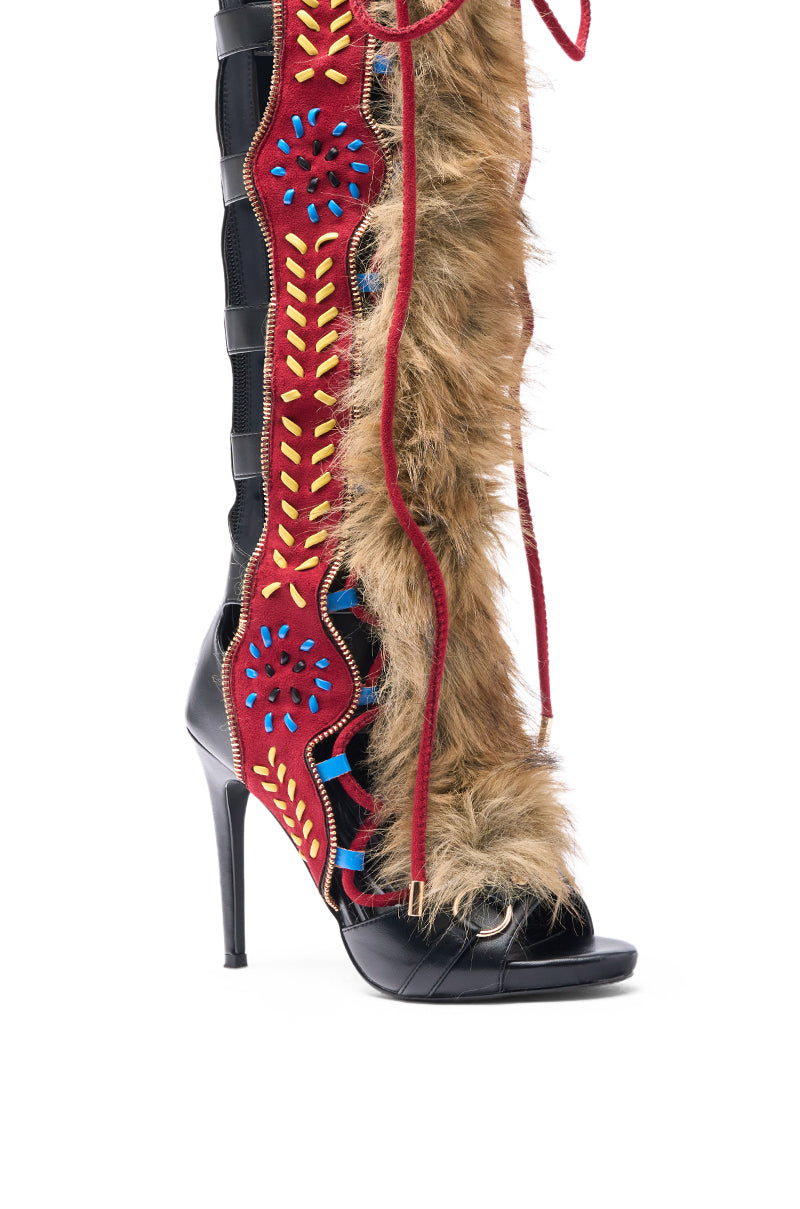 AZALEA WANG SHAINE BLACK MULTI GLADIATOR STITCH AND FUR SANDAL