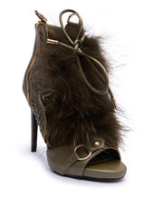 AZALEA WANG SHAINY OLIVE FUR SANDAL