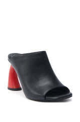AZALEA WANG SIDLE BLACK SLIP ON MULE SANDAL WITH RED HEEL