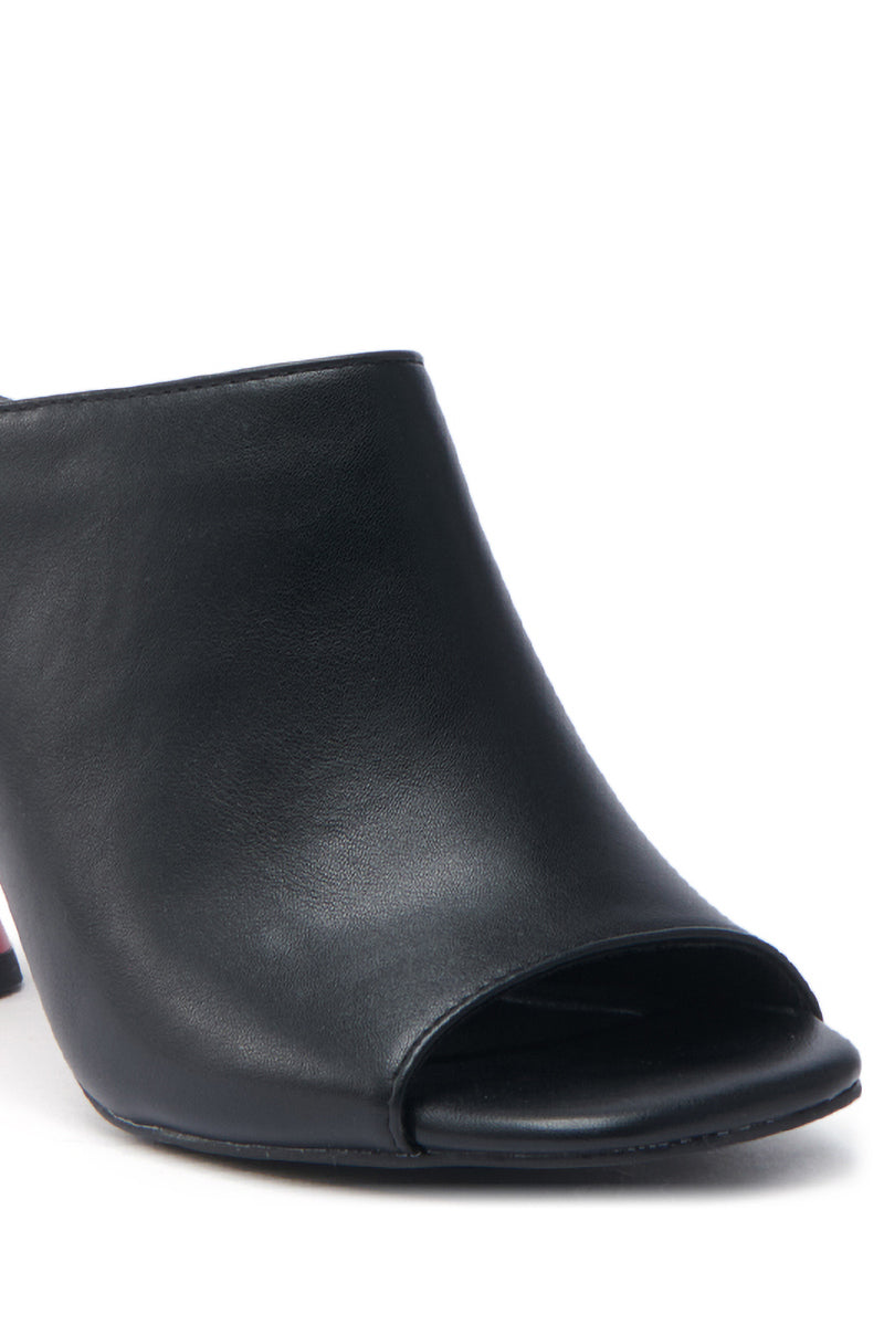 AZALEA WANG SIDLE BLACK SLIP ON MULE SANDAL WITH RED HEEL