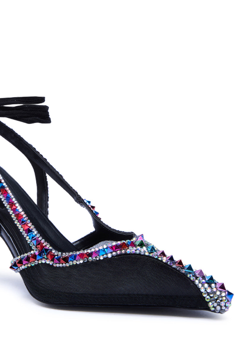 AZALEA WANG SPEEDYIE BLACK MULTI MESH AND MULTI COLORED RHINESTONES PUMP