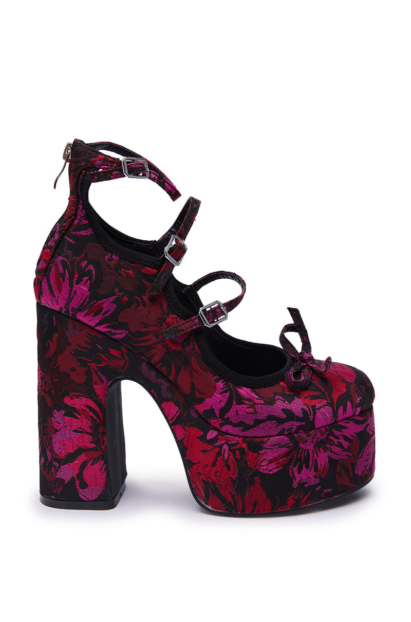 AZALEA WANG SPROUT RED MULTI FLORAL BROCADE MARY JANE PLATFORM PUMP