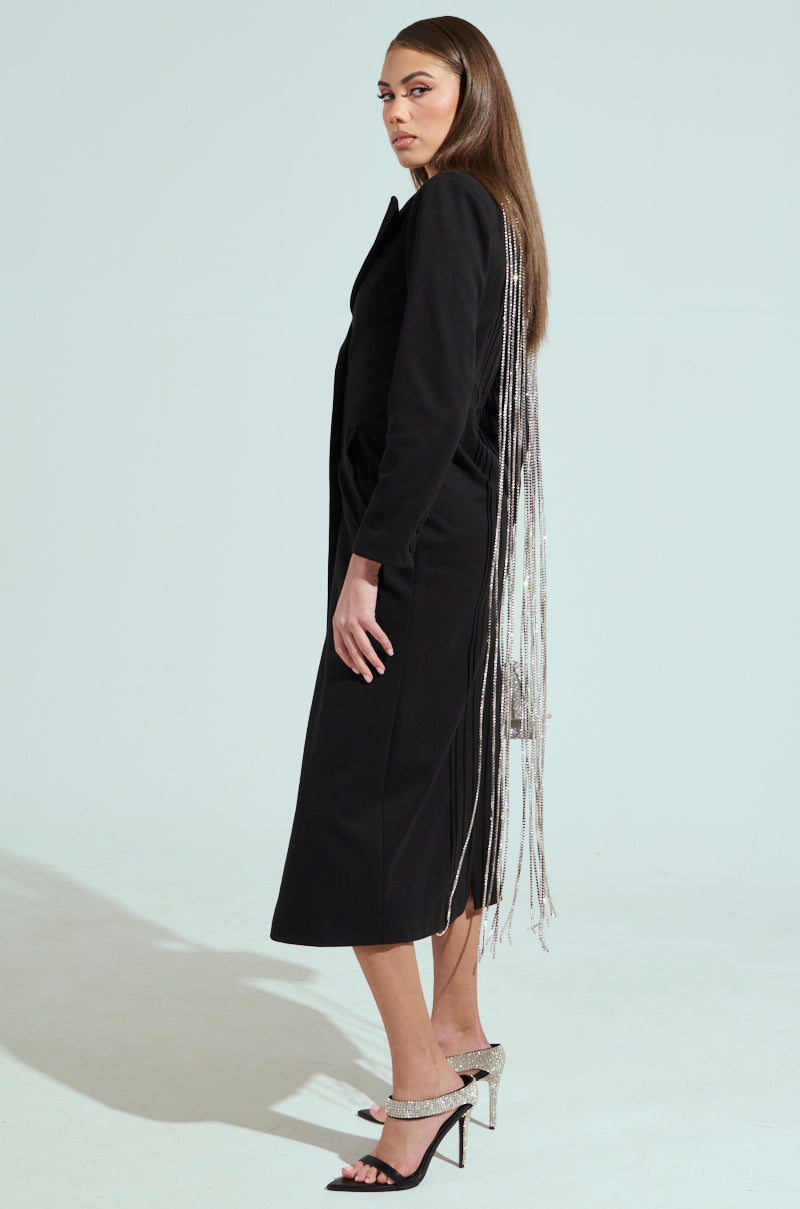 PARTY IN THE BACK RHINESTONE FRINGE TRENCH