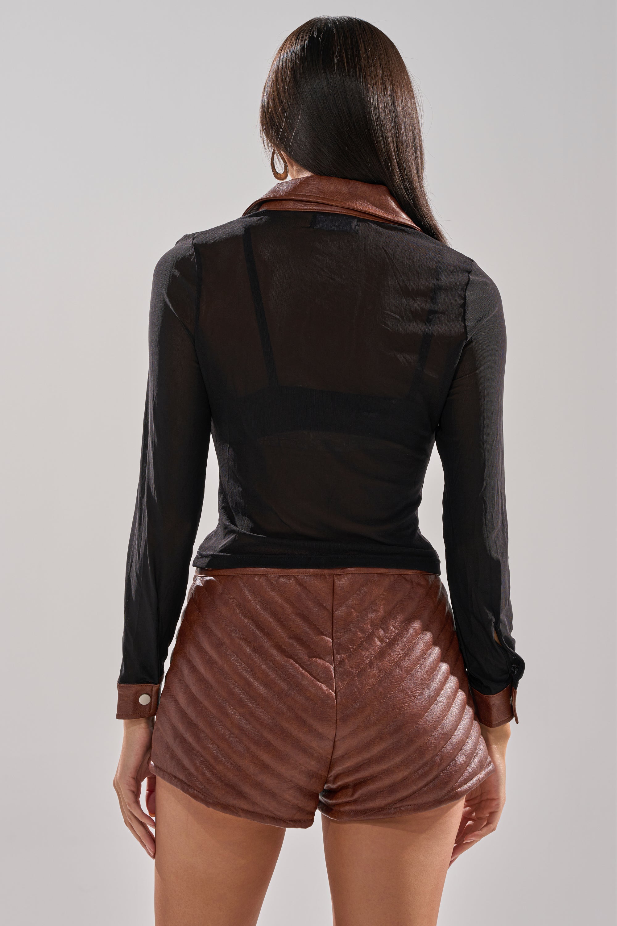 GALAXY MESH BUTTON DOWN WITH FAUX LEATHER TRIM