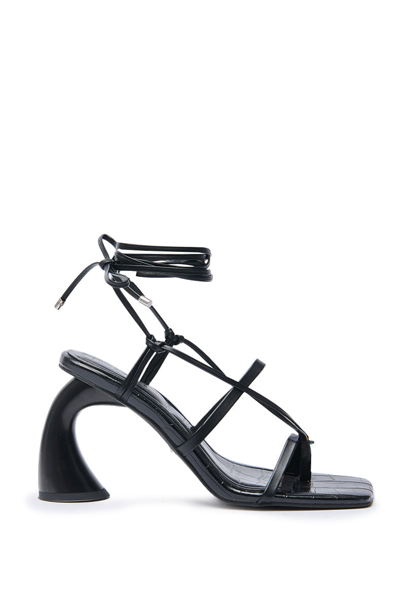 AZALEA WANG TARANIS BLACK CURVED CHUNKY HEEL LACE UP SANDAL