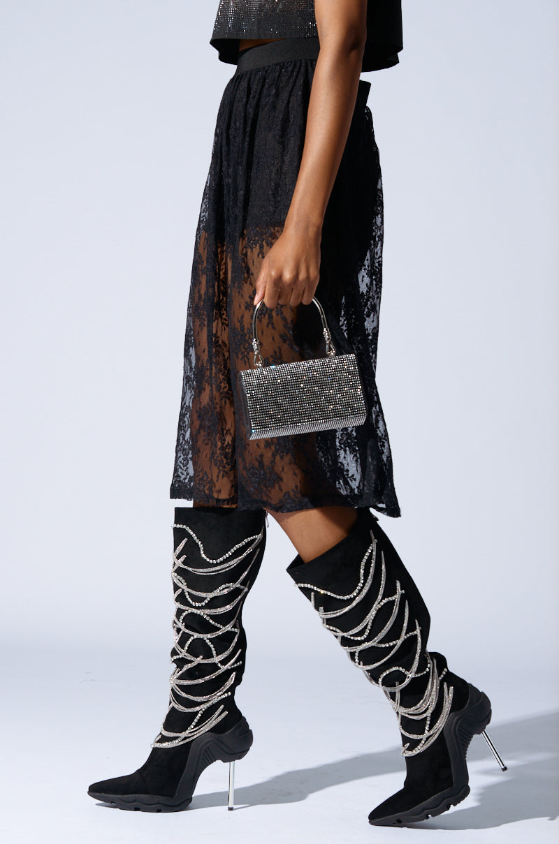 AZALEA WANG TATY BLACK CHAIN EMBELLISHED BOOT