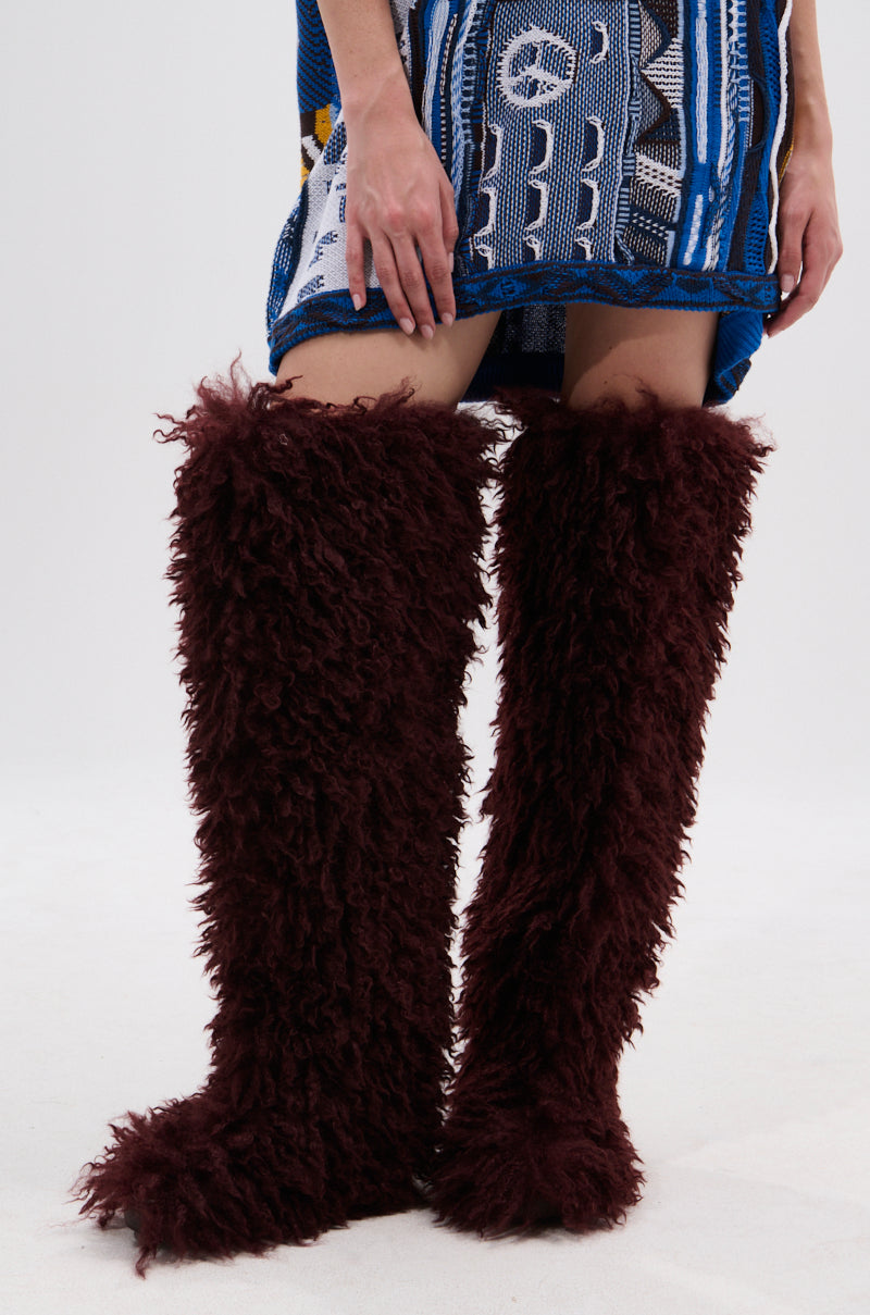 AZALEA WANG TEMPLETON BURGUNDY FAUX POODLE FUR OVER THE KNEE BOOT