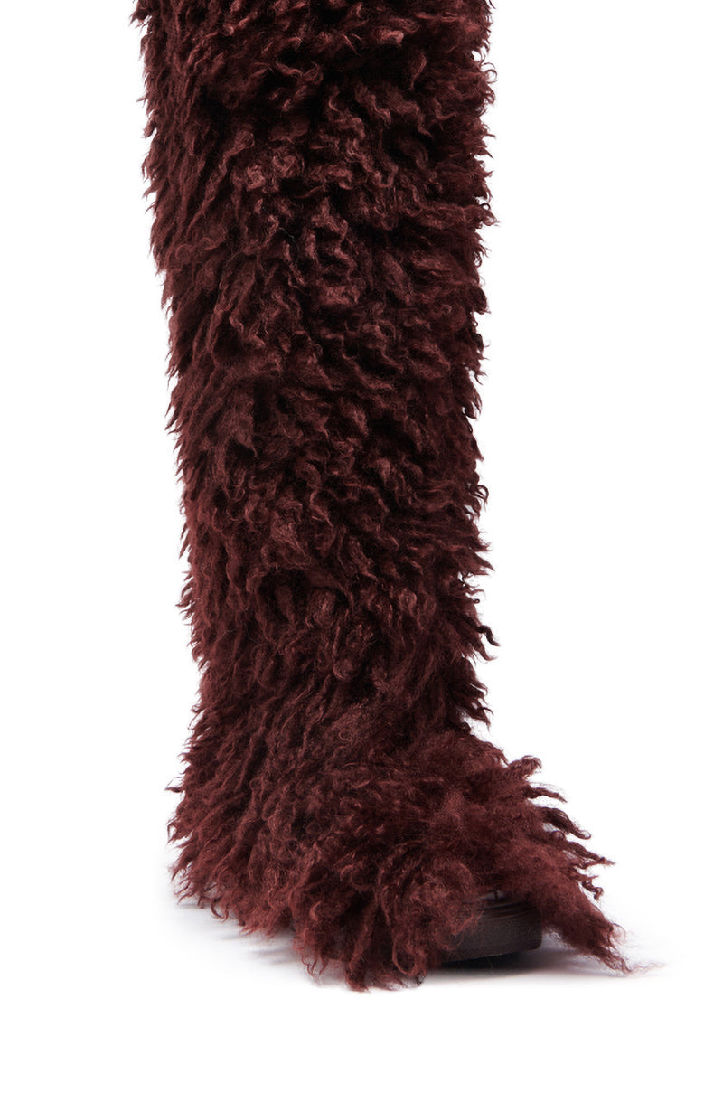 AZALEA WANG TEMPLETON BURGUNDY FAUX POODLE FUR OVER THE KNEE BOOT