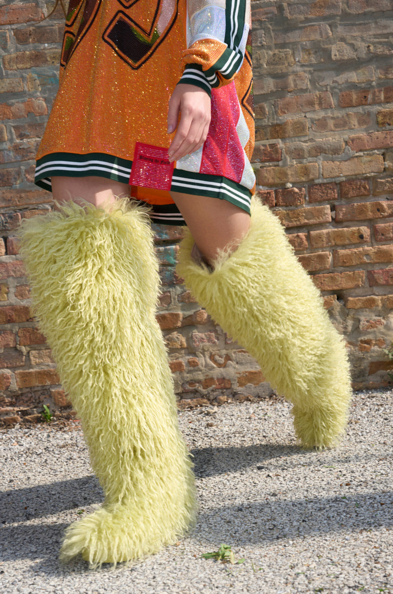 AZALEA WANG TEMPLETON LIME FAUX POODLE FUR OVER THE KNEE BOOT