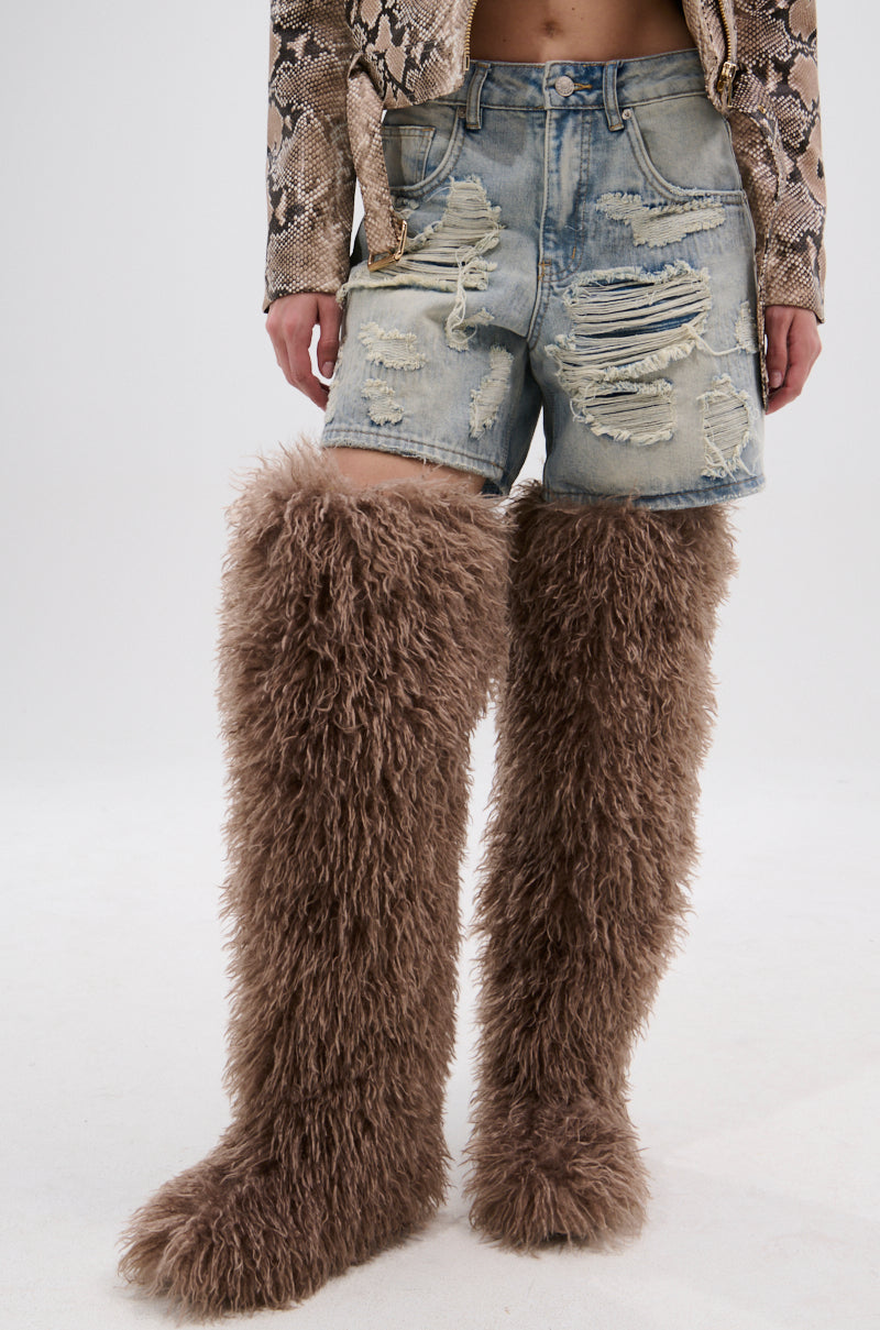 AZALEA WANG TEMPLETON TAUPE FAUX POODLE FUR OVER THE KNEE BOOT