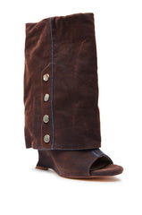 AZALEA WANG TINSELED BURNT ORANGE HIDDEN WEDGE OPEN TOE BOOTIE