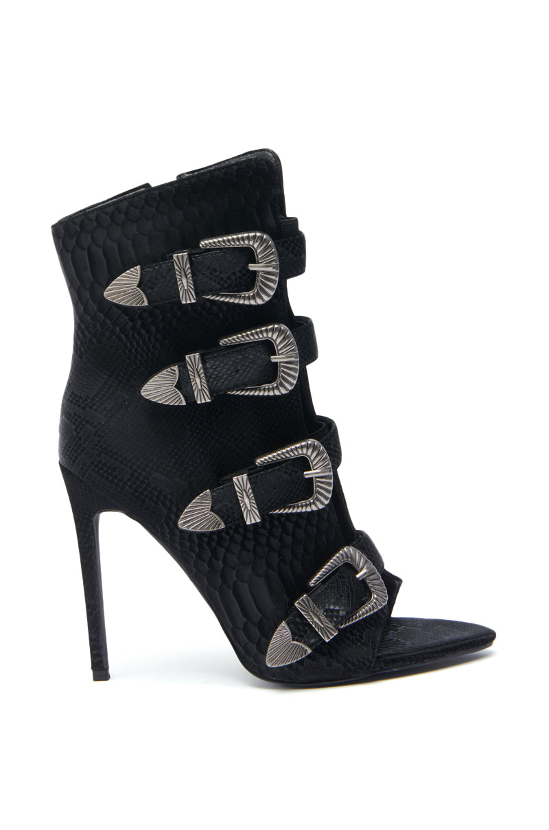 AZALEA WANG TJEERD BLACK WESTERN BUCKLE OPEN TOE BOOTIE
