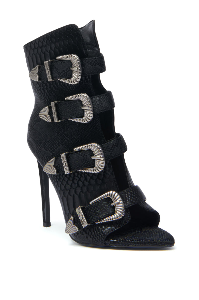 AZALEA WANG TJEERD BLACK WESTERN BUCKLE OPEN TOE BOOTIE