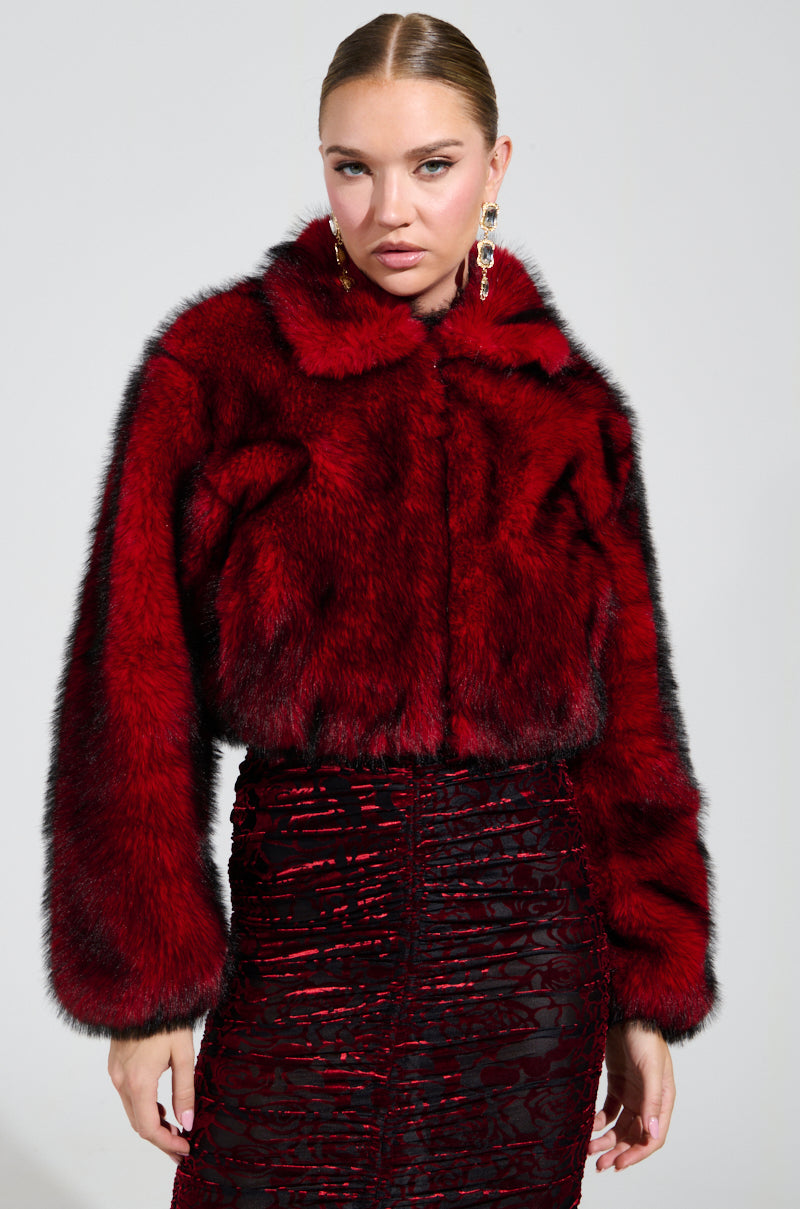 NOW YOU SEE ME FAUX FUR BOMBER IN RED
