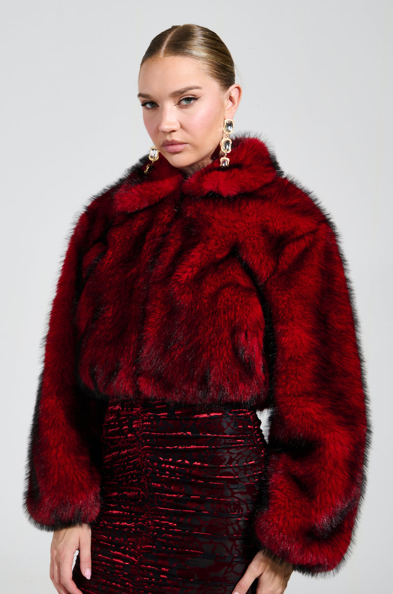 NOW YOU SEE ME FAUX FUR BOMBER IN RED