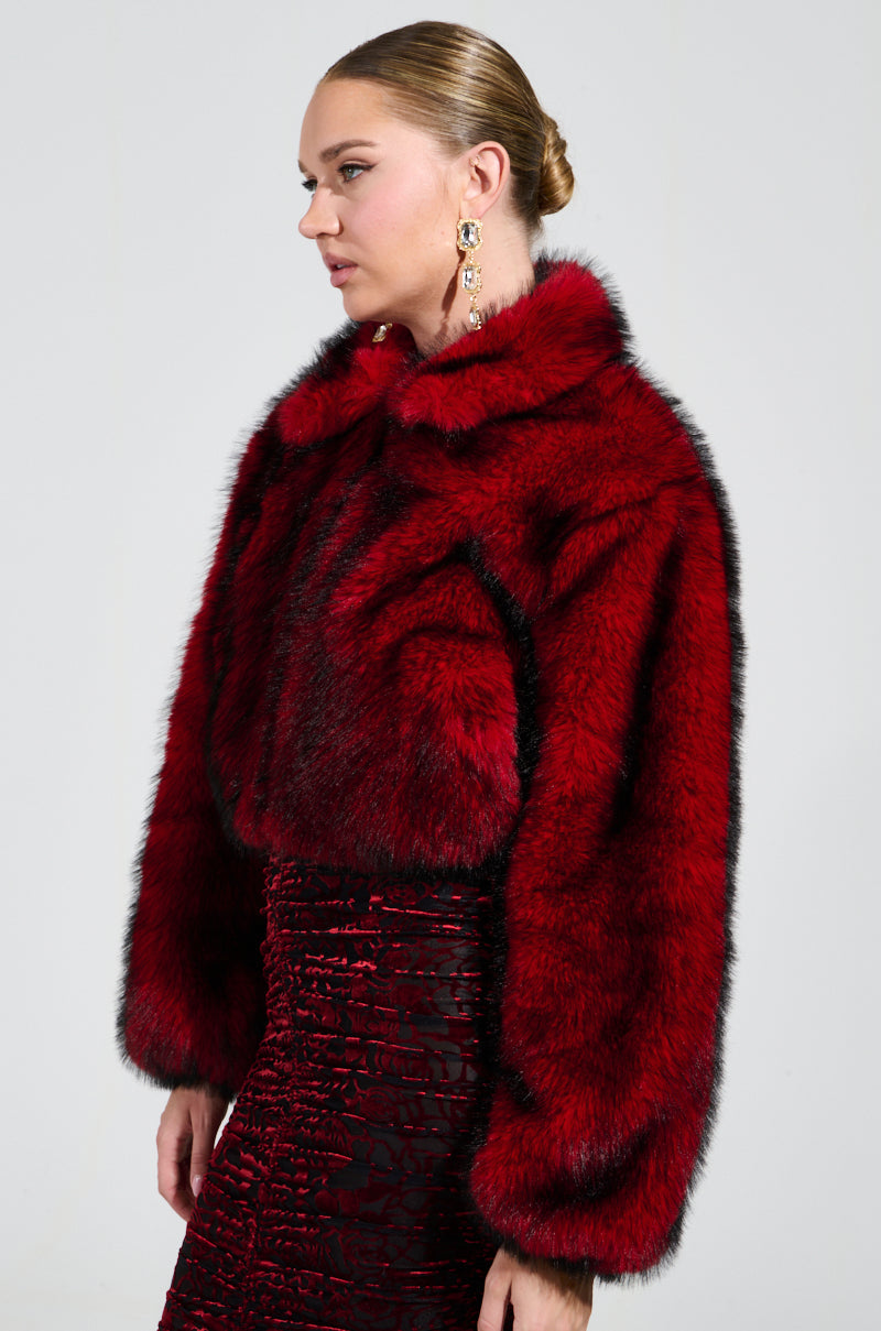 NOW YOU SEE ME FAUX FUR BOMBER IN RED