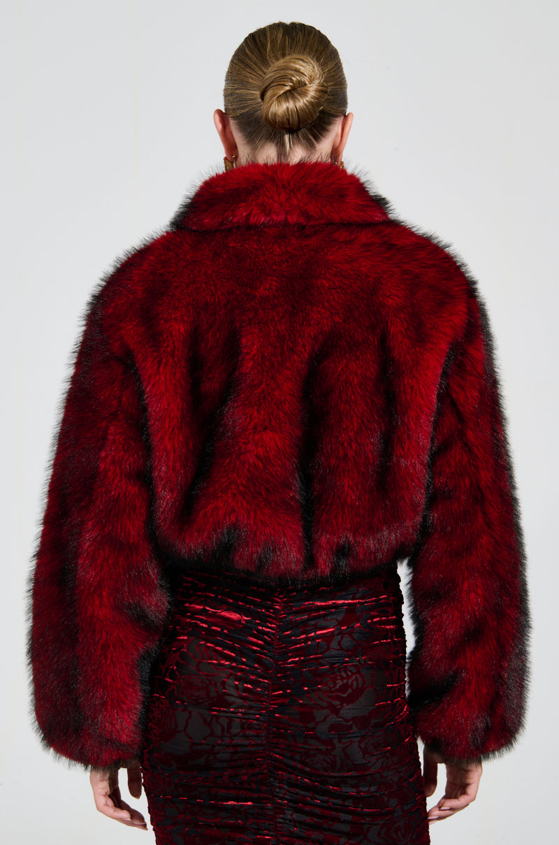 NOW YOU SEE ME FAUX FUR BOMBER IN RED