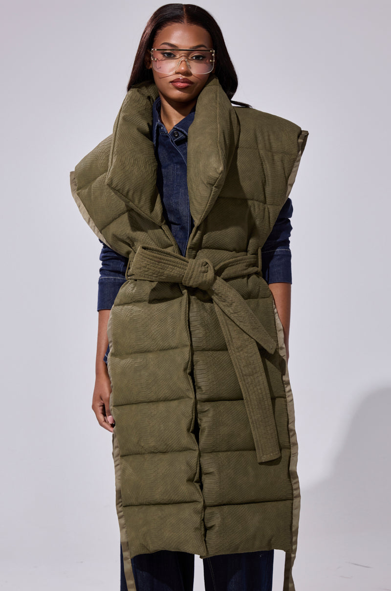 PILOT JONES LONGLINE PUFFER VEST IN CROC SUEDE