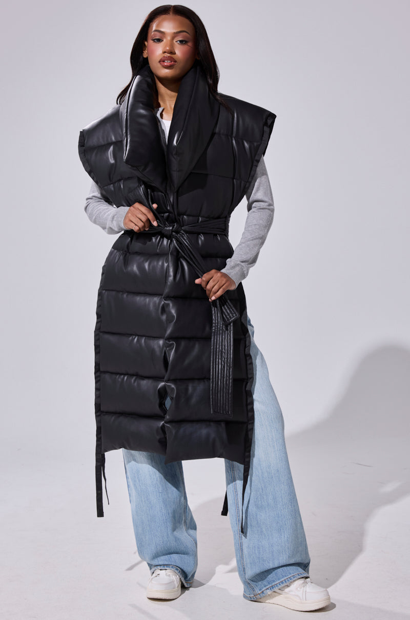 PILOT JONES LONGLINE PUFFER VEST IN FAUX LEATHER